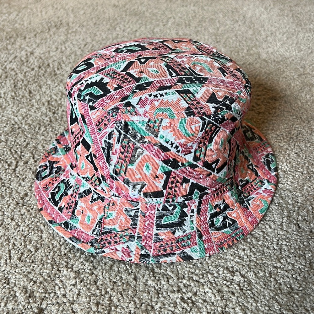 Lower Park bucket hat handmade in Nepal orange/ red/ green abstract tribal
